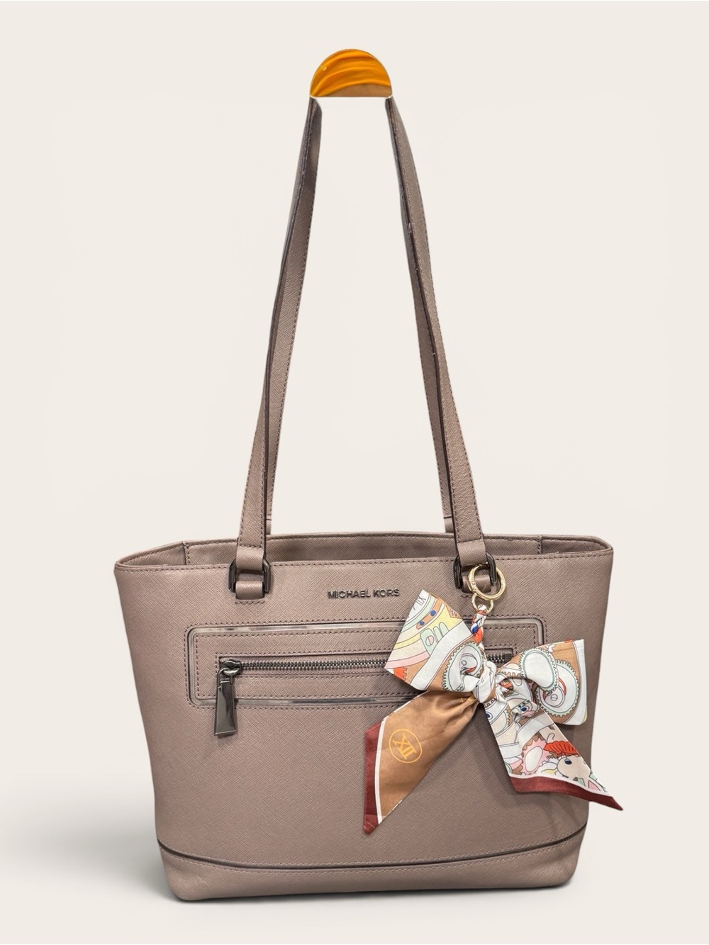 Michael Kors Taupe Saffiano Leather Tote with Multicolor Scarf